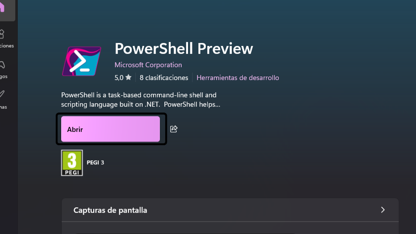 Menú de búsqueda en Microsoft Store seleccionando PowerShell Preview