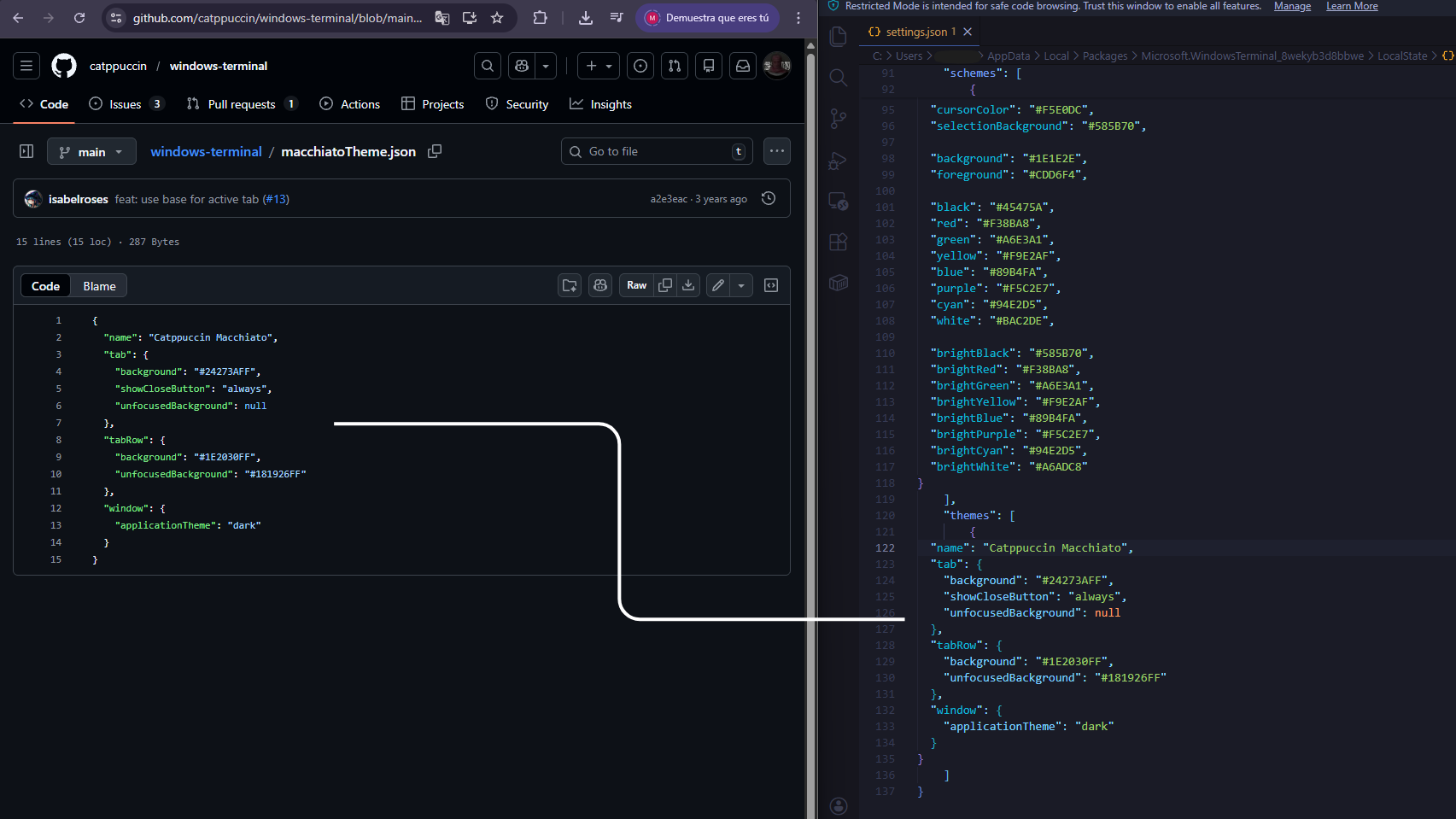 Insertando el bloque de temas JSON en la configuración de la terminal