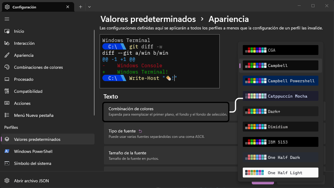 Selector de combinación de colores aplicando el tema Catppuccin Mocha