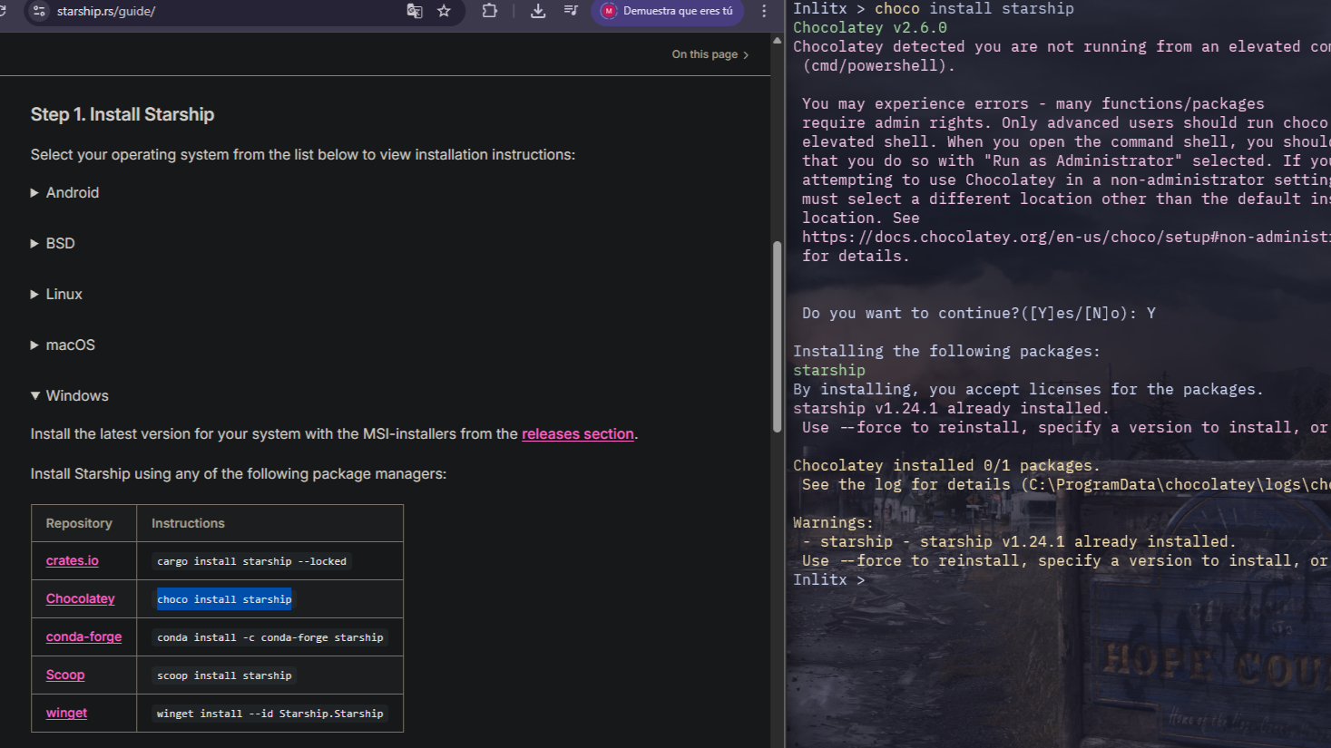 Proceso de instalación de Starship mediante Chocolatey en la terminal