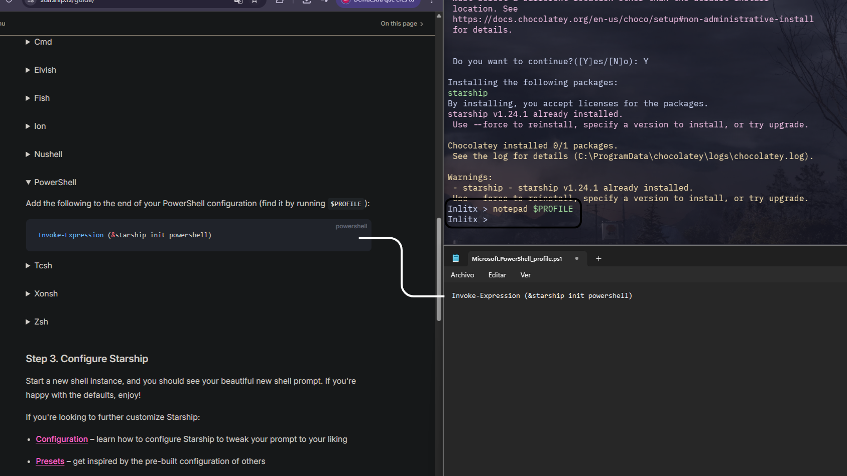 Editando el archivo de perfil de PowerShell en el Bloc de notas