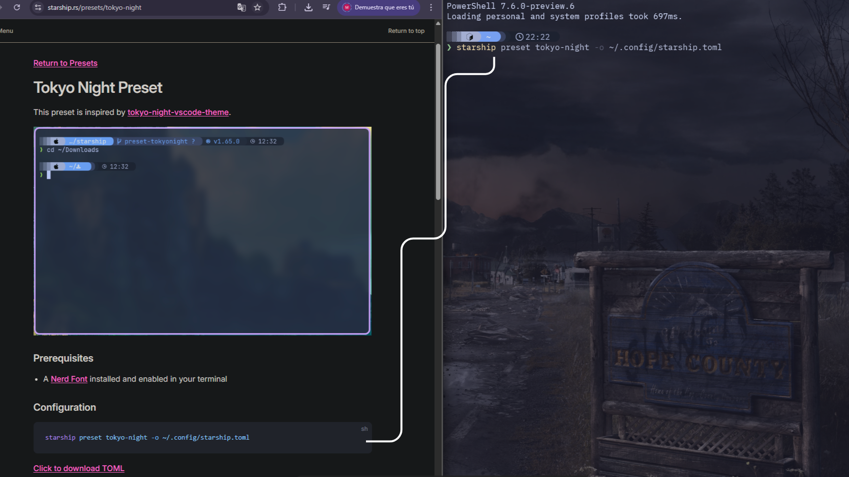 Página de temas de Starship mostrando el diseño Tokyo Night