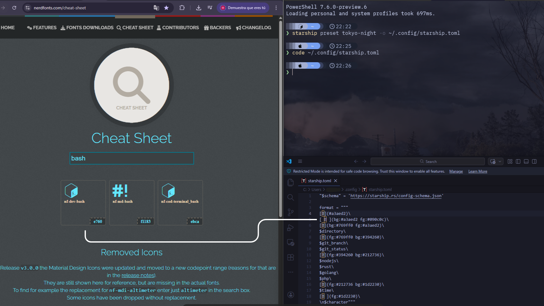 Web de Nerd Fonts Cheat Sheet buscando iconos específicos
