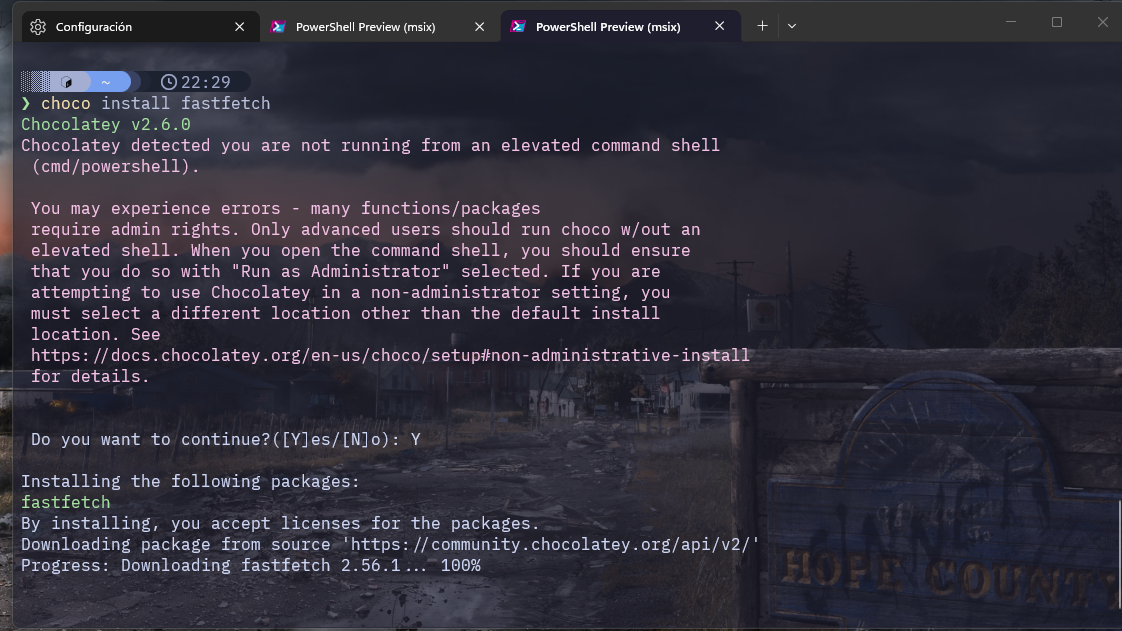 Terminal ejecutando con éxito la instalación de Fastfetch
