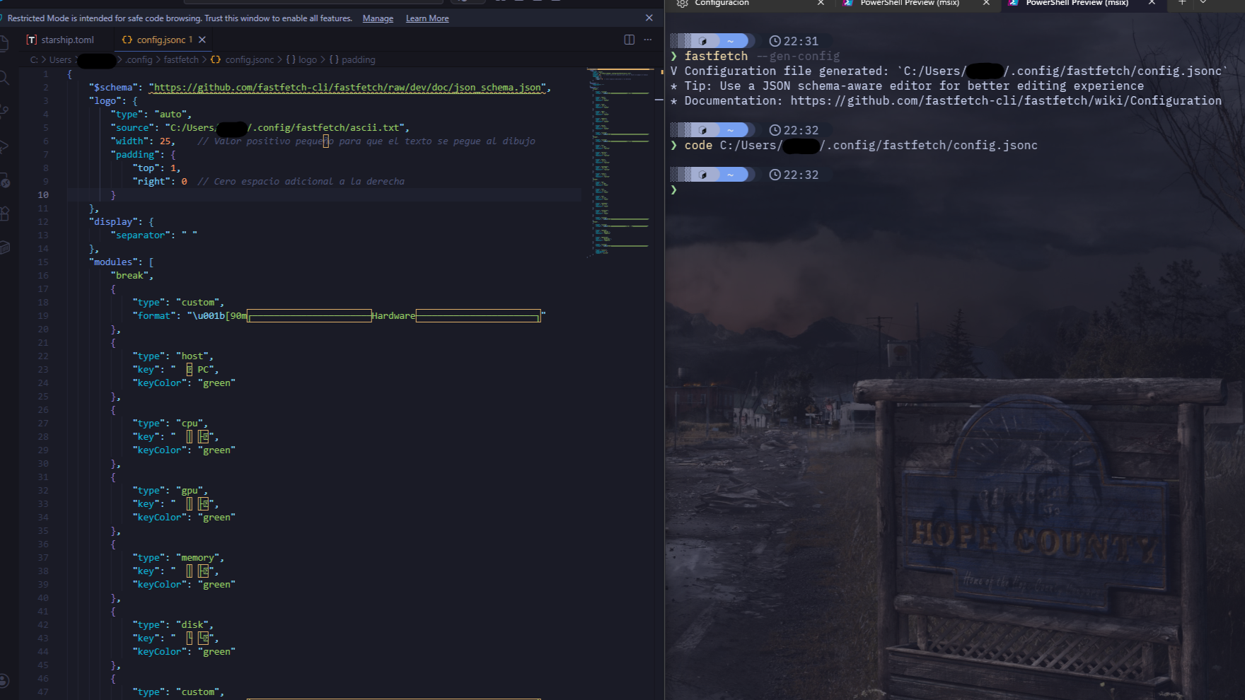 Ventana dividida con VS Code editando config.jsonc y la terminal