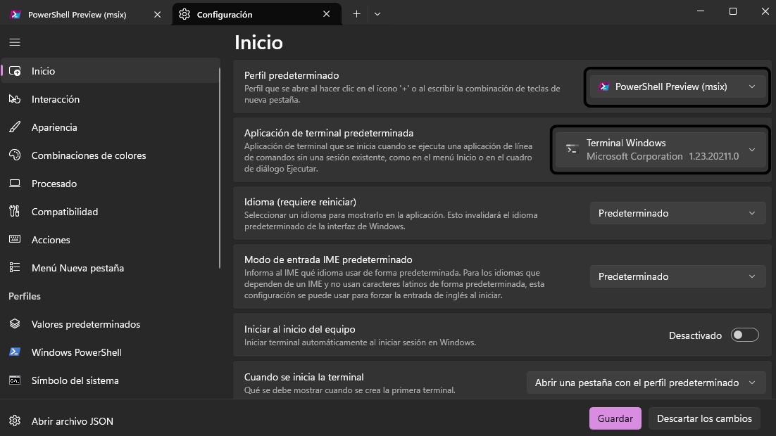 Interfaz de configuración de Windows Terminal resaltando Perfil predeterminado