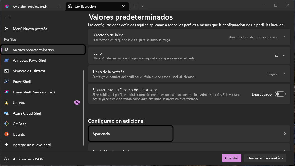 Sección de valores predeterminados y apariencia en la configuración