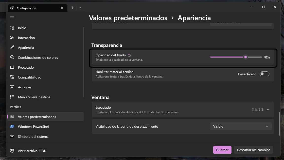 Control deslizante de opacidad de fondo en los ajustes de apariencia