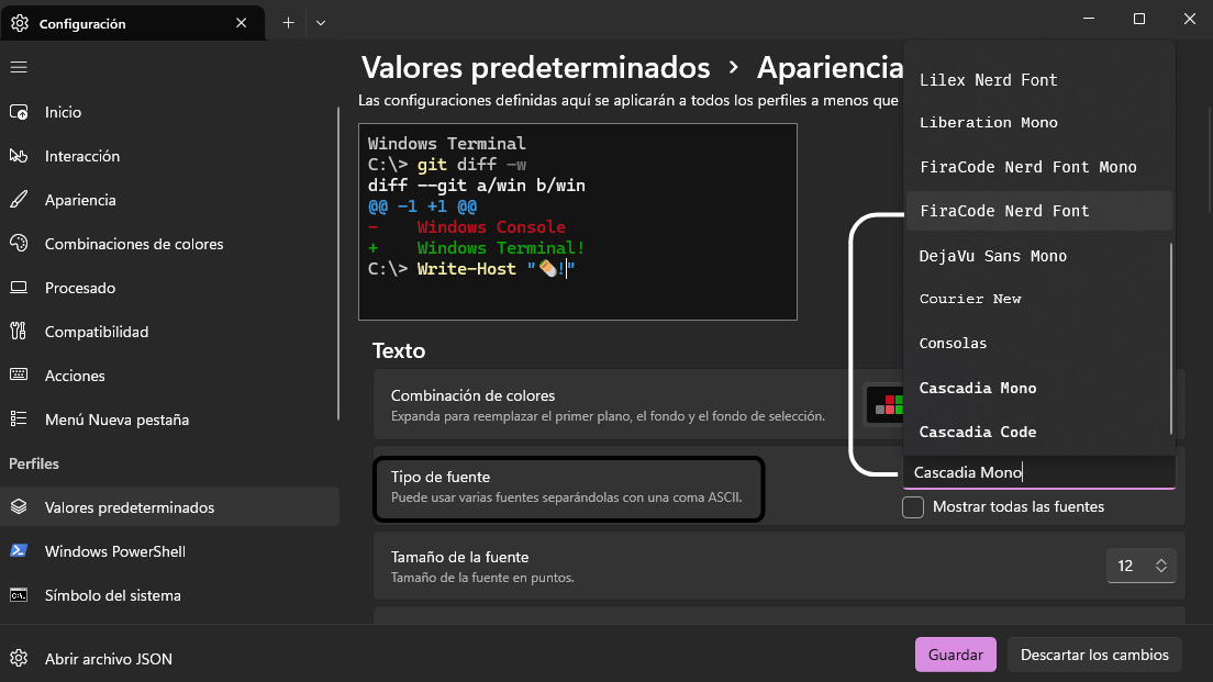 Menú desplegable de tipo de fuente con FiraCode Nerd Font seleccionada