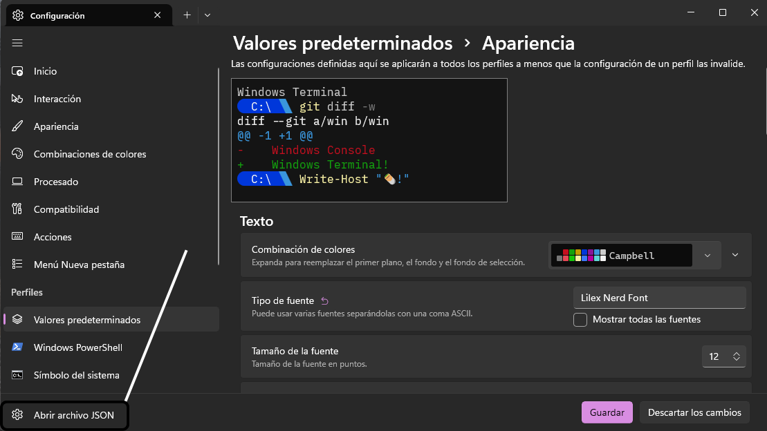 Botón Abrir archivo JSON resaltado en la esquina inferior de la pantalla
