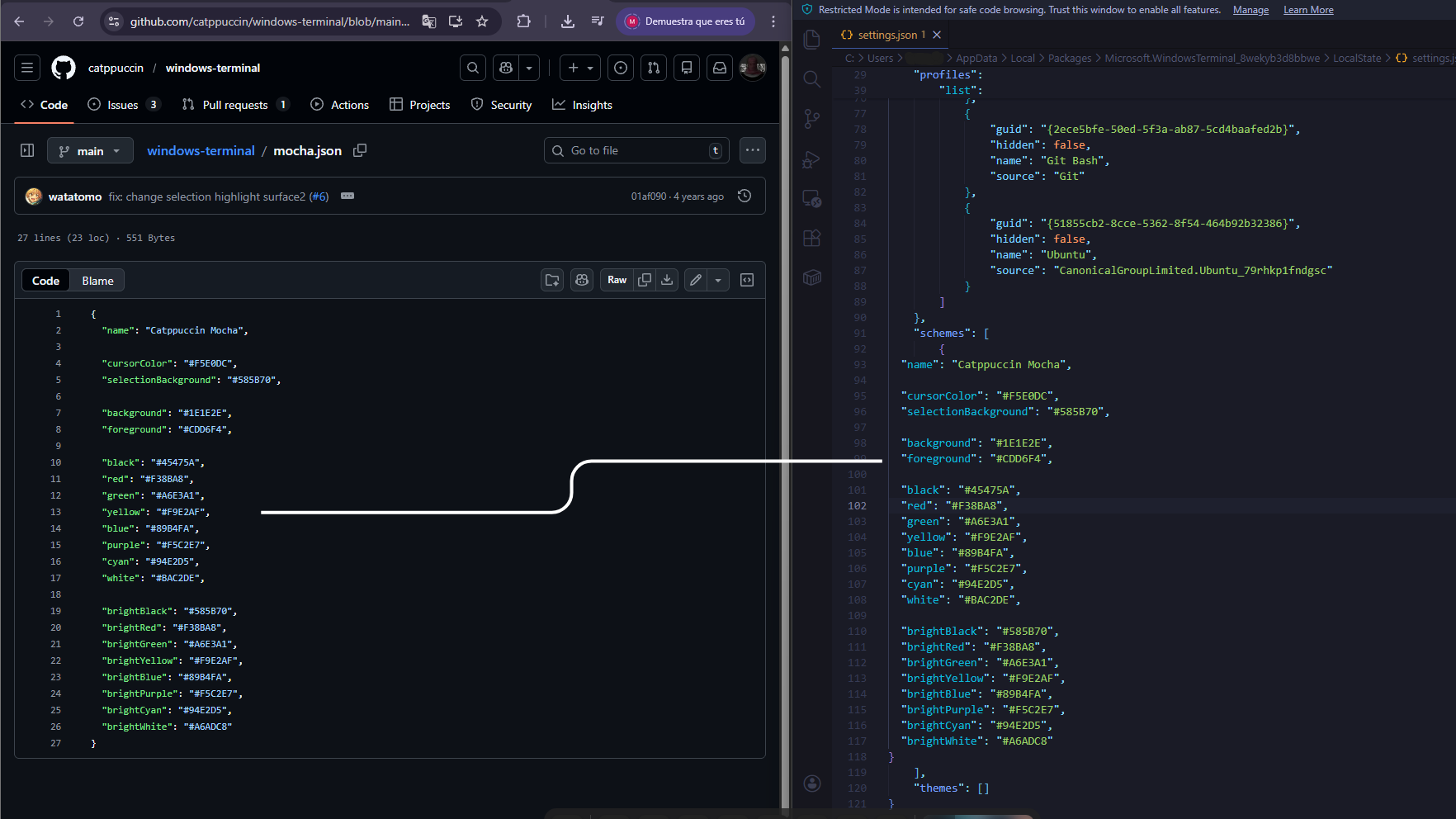 Contenido del archivo settings.json editando el apartado de schemes